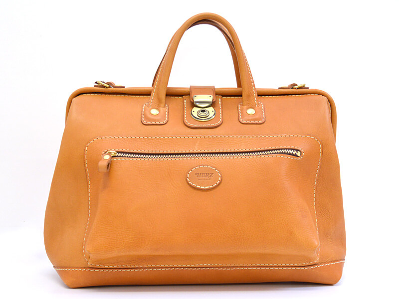 旅行に便利な大ポケット付きのソフトレザー口枠ボストンバッグ / 革鞄